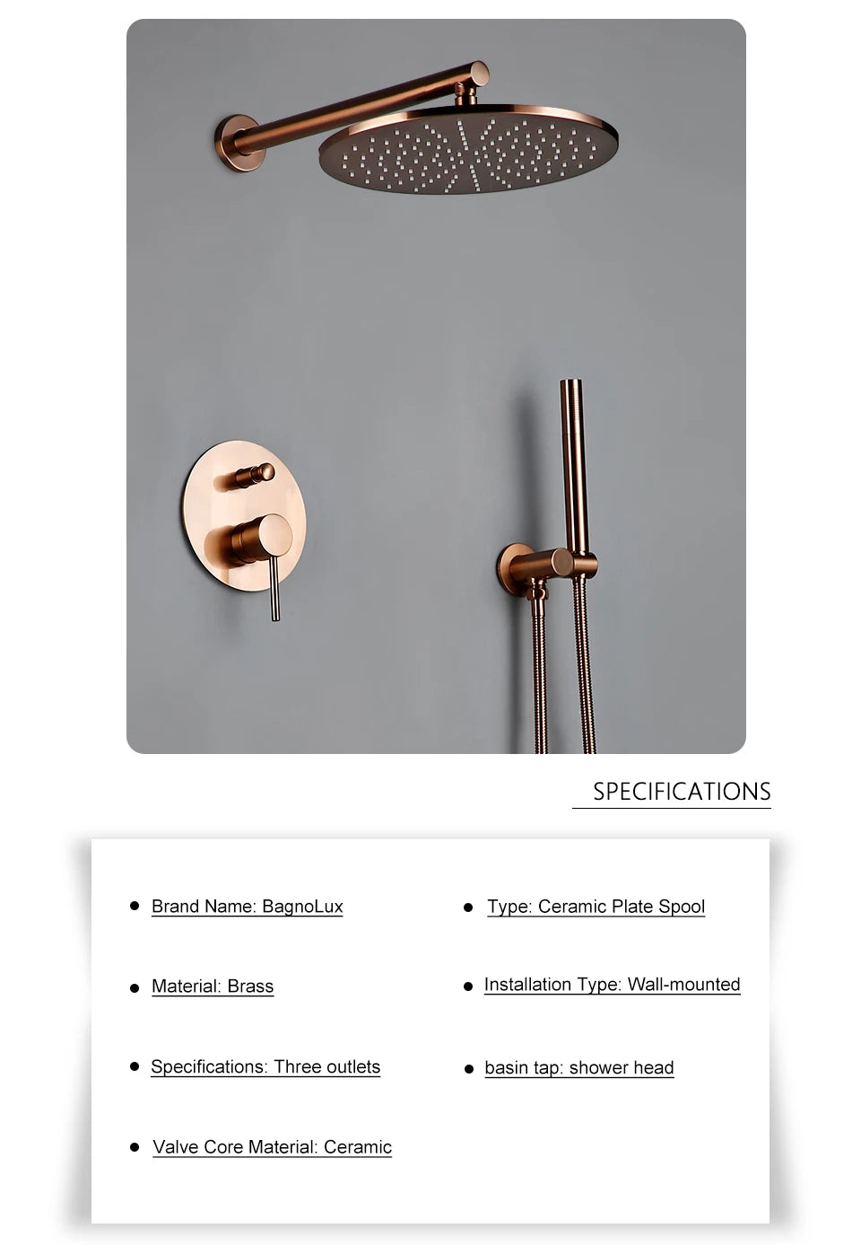 Brushed Rose Gold Shower Sets Brass Hot Cold Bathroom Faucet Mixer Tap Wall Mount Arm With Diverter, Handheld, Rian Shower Head