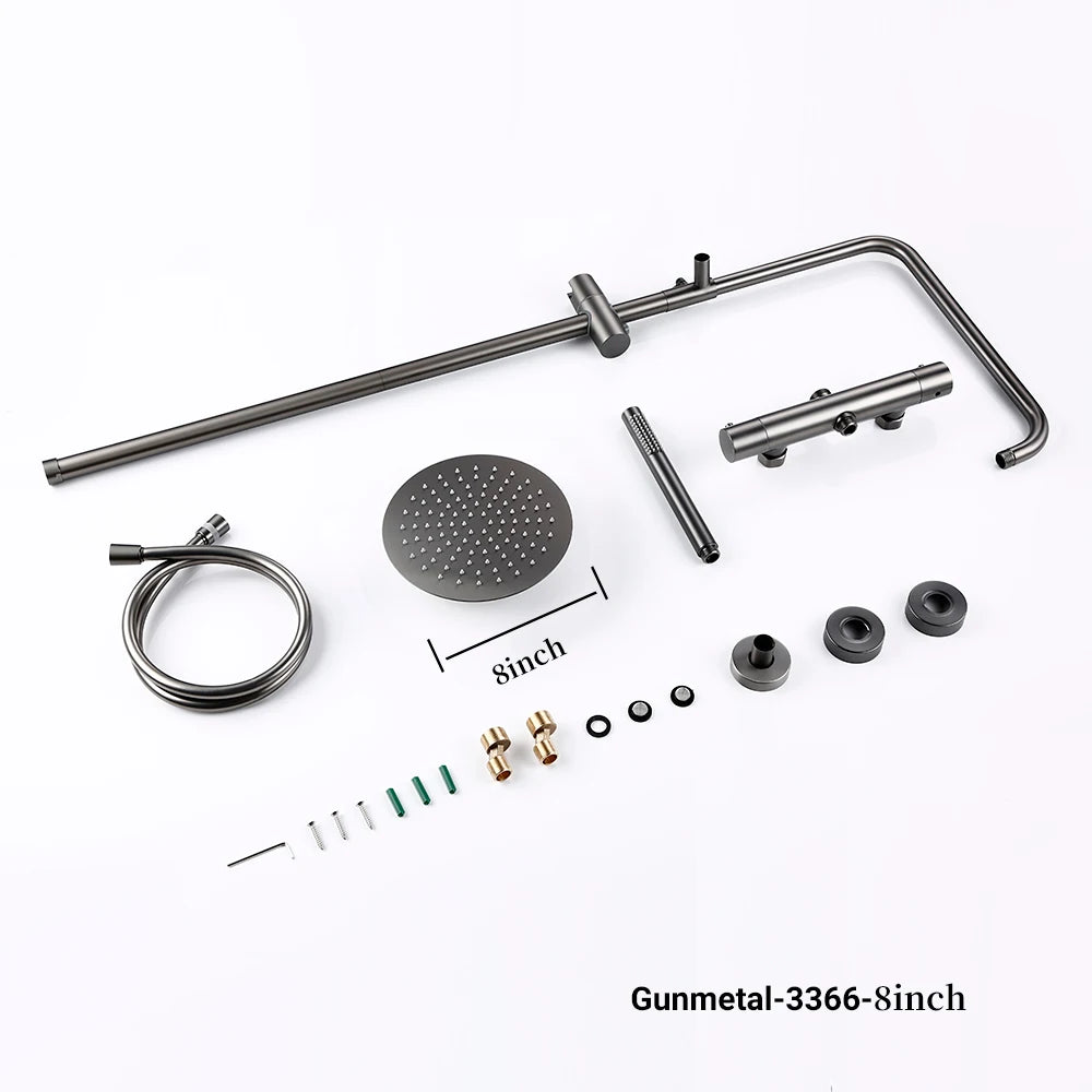 Wall-Mounted Thermostatic Valve System Bagnolux Brushed Gray Brass Rain Faucet 8 - 12" Top Spray Head Bathroom Shower Set