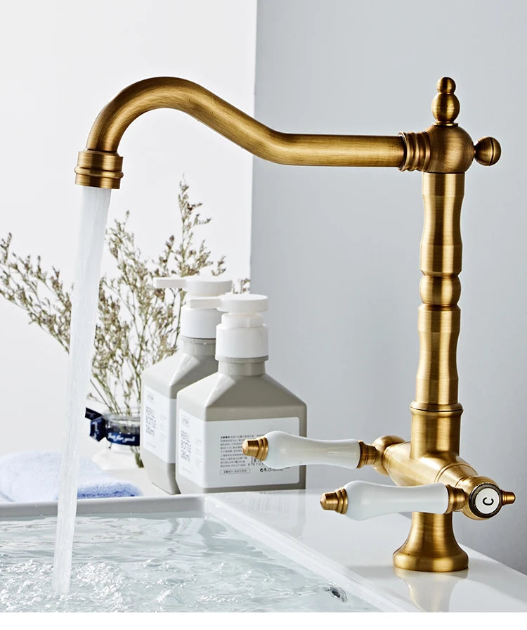 Faucet for Kitchen Dual Handle Antique Brass Retro Faucet 360 Degree Rotation Kitchen Sink Taps Deck Mounted Bathroom Sink Mixer