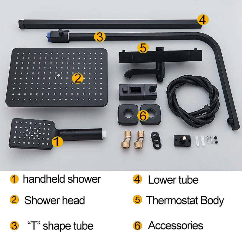 Black Thermostatic Shower Faucet Set 38℃ Rainfall Shower Mixer Crane Multifunctional Bathroom Faucet Bathtub Tap With Shelf