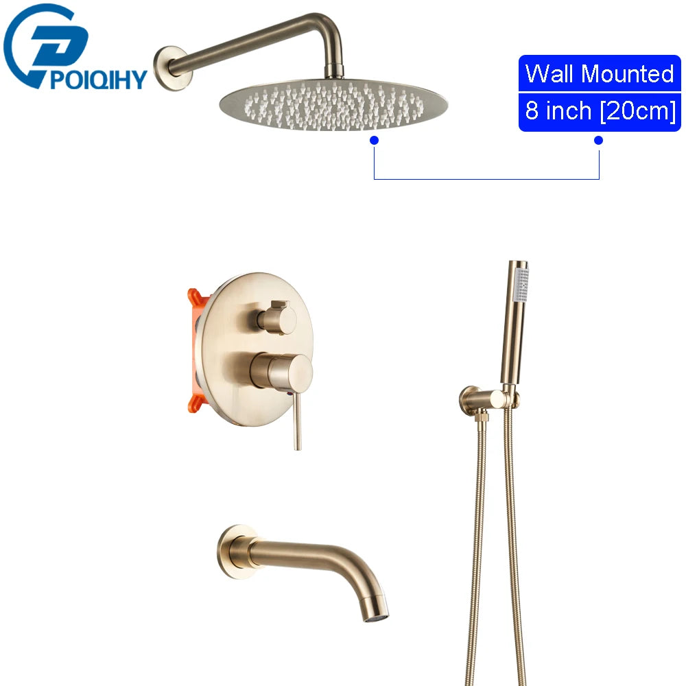 POIQIHY Brushed Gold Shower Faucet Embedded In Shower Mixer Tap Wall Mounted Bathroom Rainfall Shower Tap Set Brass 3-ways