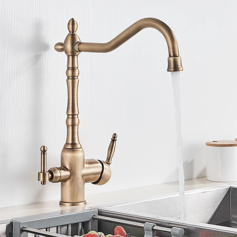 Antique Brass Filtered Kitchen Faucet Purify Faucets Mixer Tap Hot Cold Water 360 Rotation Water Purification Water Crane Tap