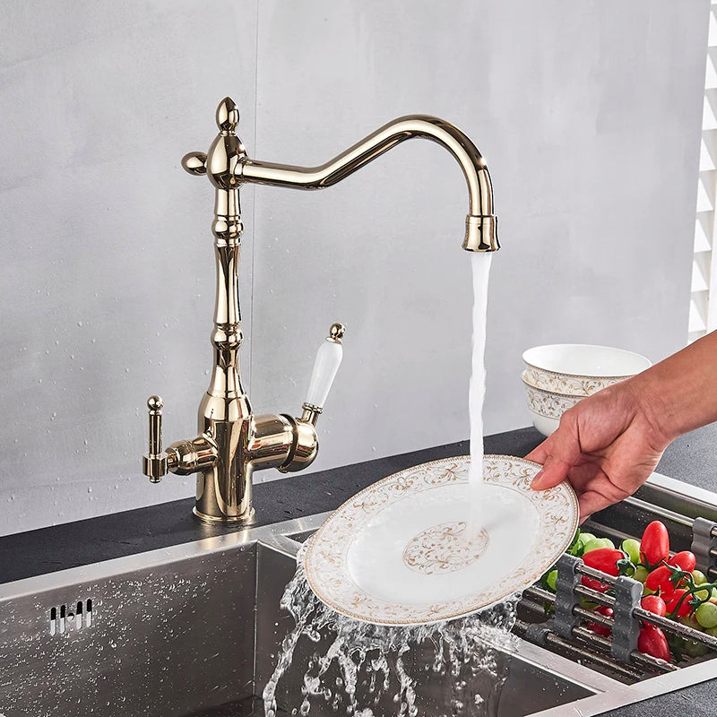Golden Kitchen Filter Faucet Brass 360 Rotation Purification Kitchen Faucet Double Handle Dual Water Mode Hot Cold Mixer Taps