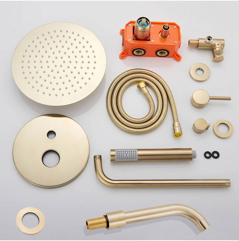 POIQIHY Brushed Gold Shower Faucet Embedded In Shower Mixer Tap Wall Mounted Bathroom Rainfall Shower Tap Set Brass 3-ways