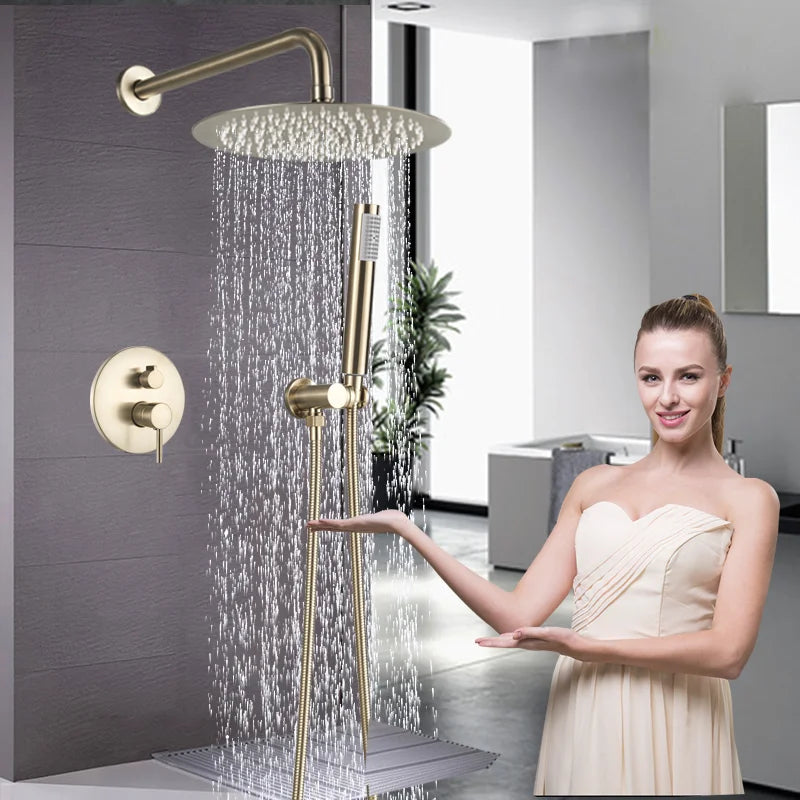 Bathroom Rainfall Shower Tap Brushed Gold Shower Faucet Set Wall Mount Round Shap Bathtub Shower With ABS Shower Mixer Tap