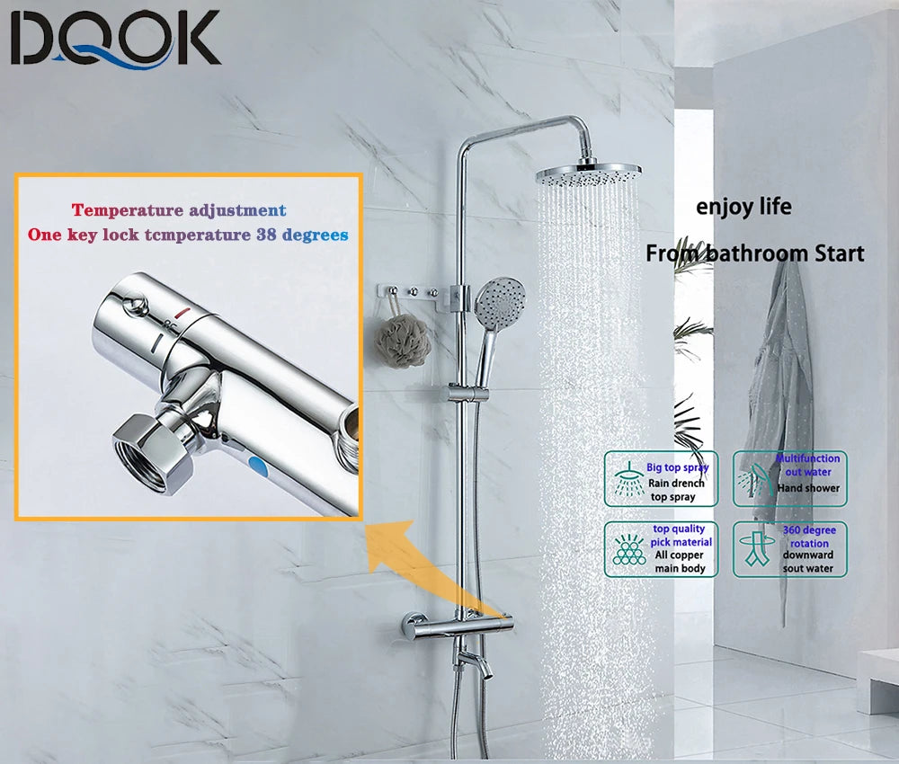 Thermostatic Shower Faucet Chrome Waterfall Rain Shower