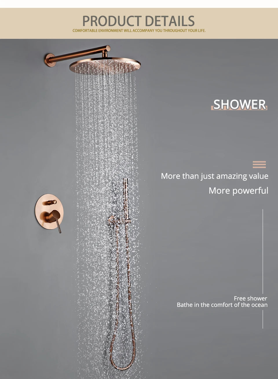 Shower Set Bath Brushed Rose Gold Rainfall Bathroom Faucet Brass Diverter Mixer Tap Hand Held 8-12" Head Wall Arm Valve Kit