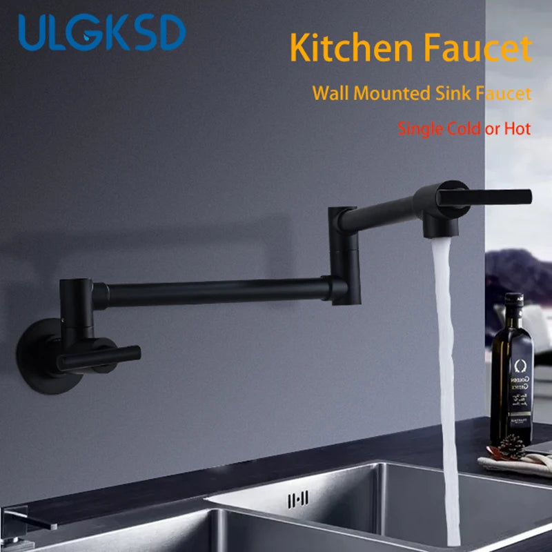 Brushed Gold Kitchen Faucet Wall Mount Bathroom Basin Faucet Cold Water Washing Tap Rotate Folding Spout Brass Vanity Sink Crane