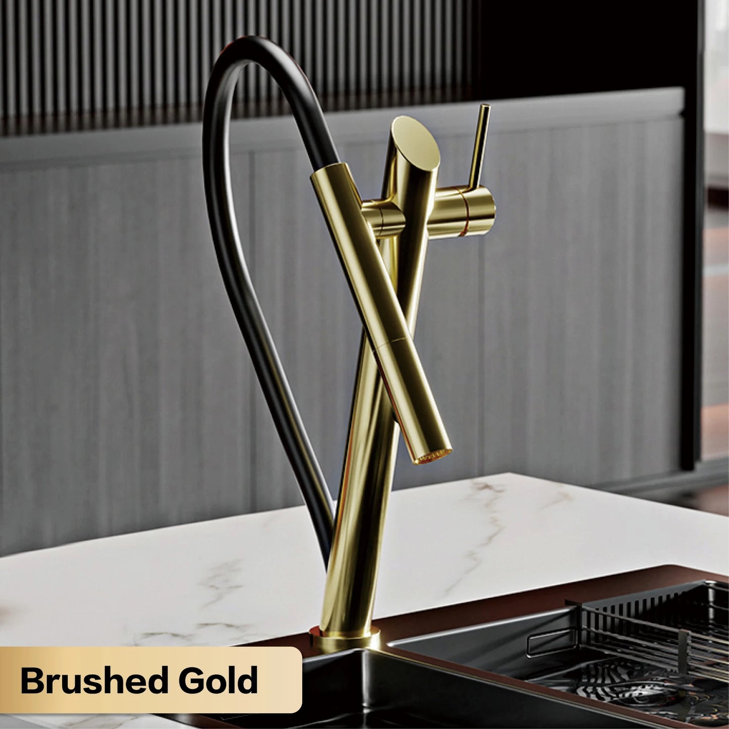 AITANA luxury brass black kitchen faucet with pull-out design, dual control magnetic suction for cold & hot 2-function sink Tap