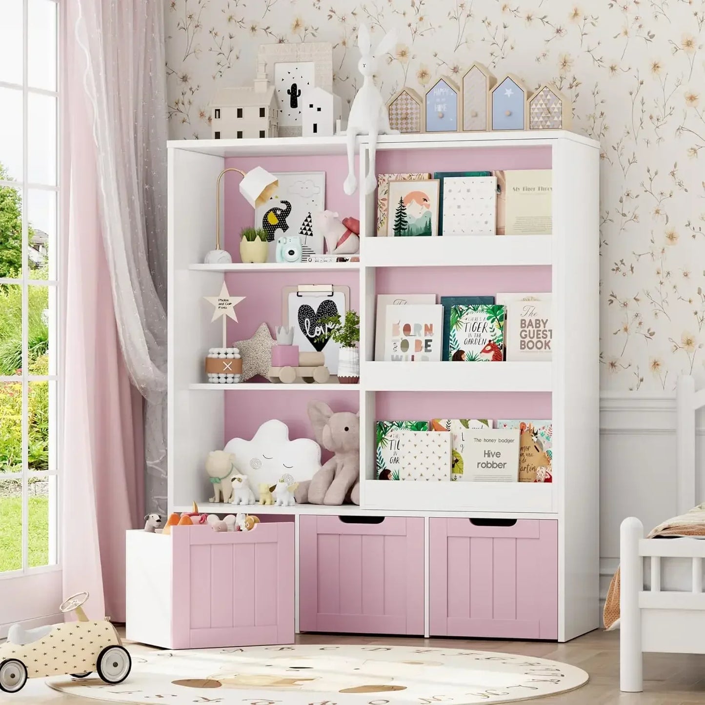 Toy Storage Organizer with Sliding Book Shelf