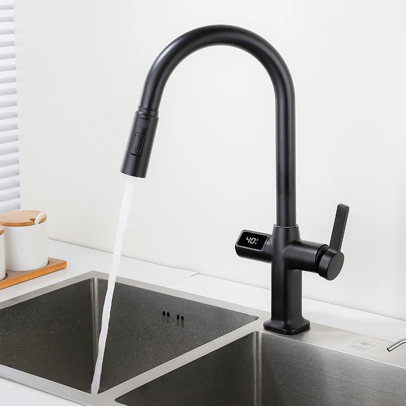 OXG Black Kitchen Faucet Gourmet Faucet Kitchen Pull Out Kitchen Sink Faucet Digital Display Function Rotatable Kitchen Taps