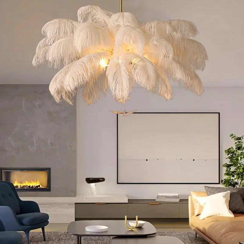 Nordic White Ostrich Feather Pendant Light Modern Led Ceiling Chandelier for Living Dining Room Children's Bedroom Hanghing Lamp