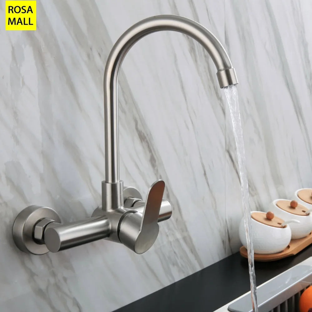 Wall Mounted Kitchen Faucet Wall Kitchen Mixers Kitchen Sink Tap 360 Degree Free Swivel Flexible Hose Double Holes Water Taps