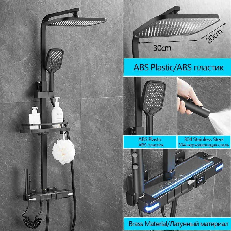 Brass Shower Faucet Thermostatic,Shower Syetem,30cm Spray Head, Digital Display LED,Bathroom Faucet,Black/Chrome
