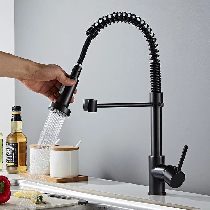 Matte Pull Down Kitchen Faucet Chrome Dual Modes Nozzle Hot Cold Water Mixer Crane Tap Brass Spring Kitchen Sink Faucets