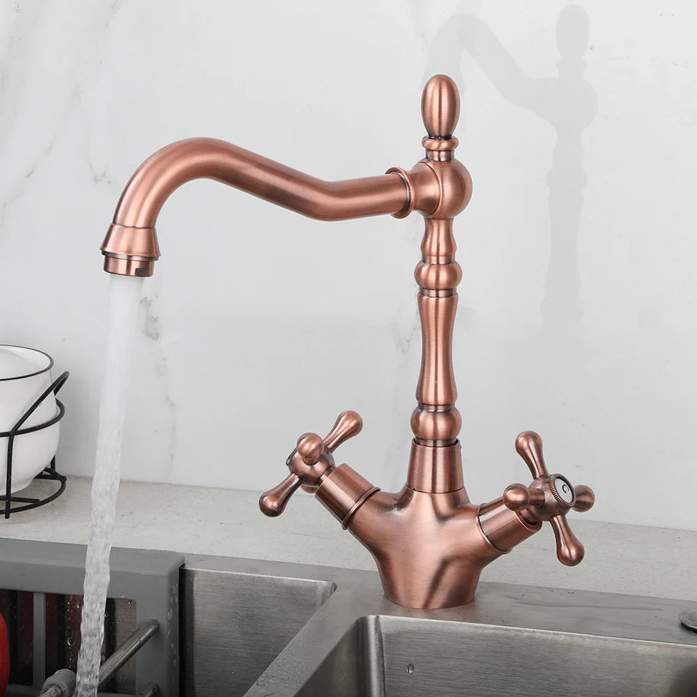 KEMAIDI Golden Bathroom Basin Sink Faucet 360 Swivel Spout for Bathroom and Kitchen Dual Handles Hot Cold Water Mixer Tap