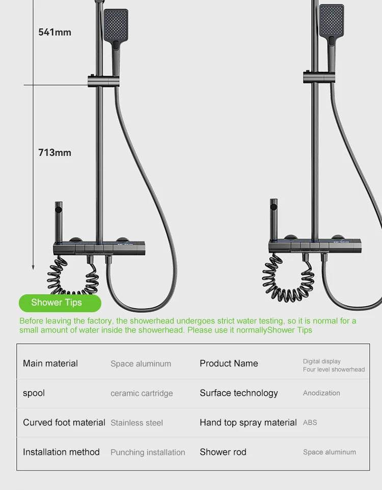 Space Aluminum Shower Set Gray Shower System Set Digital Display Piano Button With Ambient Light Bathroom Faucets Shower Head