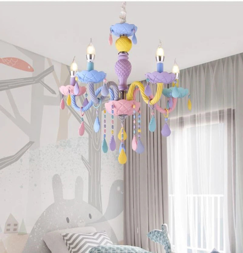 Modern Romantic Rainbow Crystal Chandelier European Candle lustres Children's Makaron Girl Princess Pendant Lamps Light Fixtures