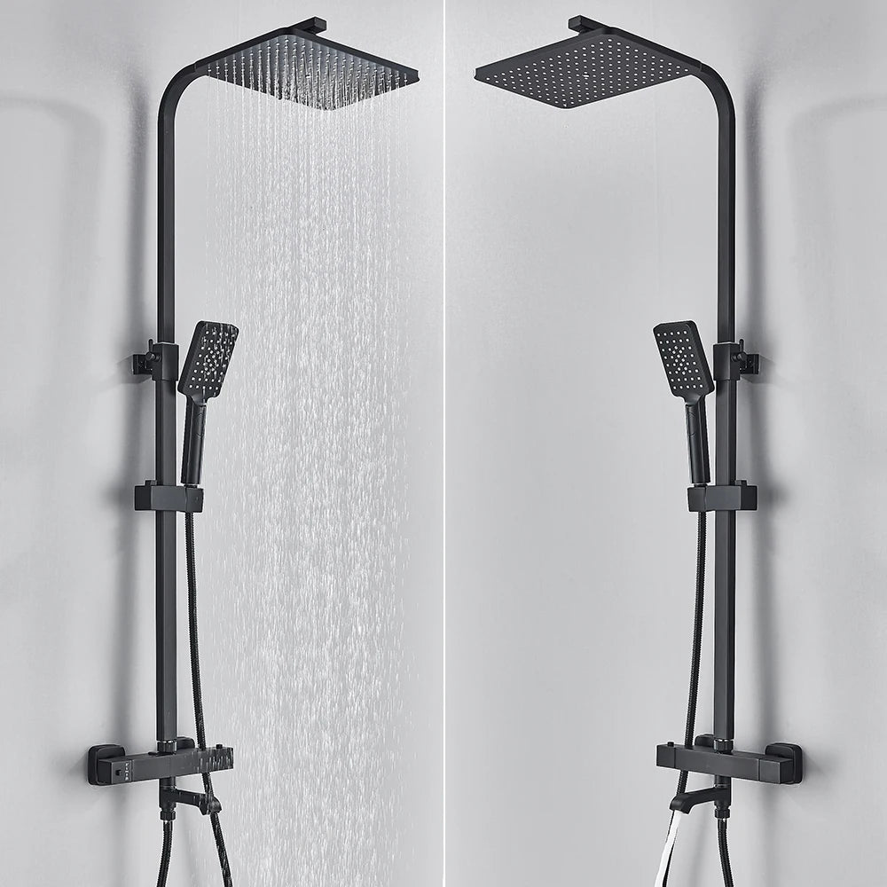 Black Thermostatic Shower Faucet Set 38℃ Rainfall Shower Mixer Crane Multifunctional Bathroom Faucet Bathtub Tap With Shelf