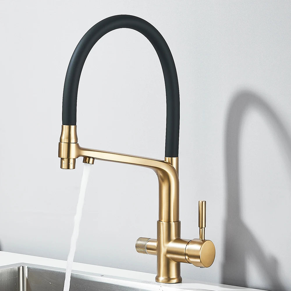 Brushed Gold Kitchen Faucet Filtered Water Dual Spout Purification Feature Kitchen Tap 360 Rotation Water Crane For Kitchen