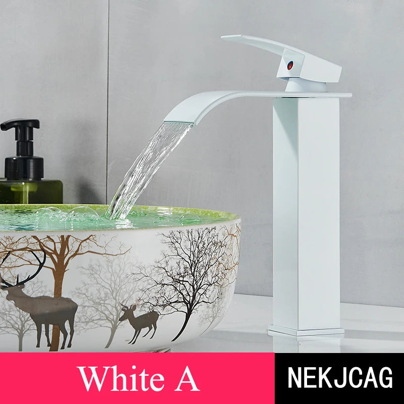 Matte Black Basin Faucet Waterfall Washbasin Vanity Above Counter Sink Faucet Hot & Cold Mixer Tap Deck Mounted Bathroom Crane