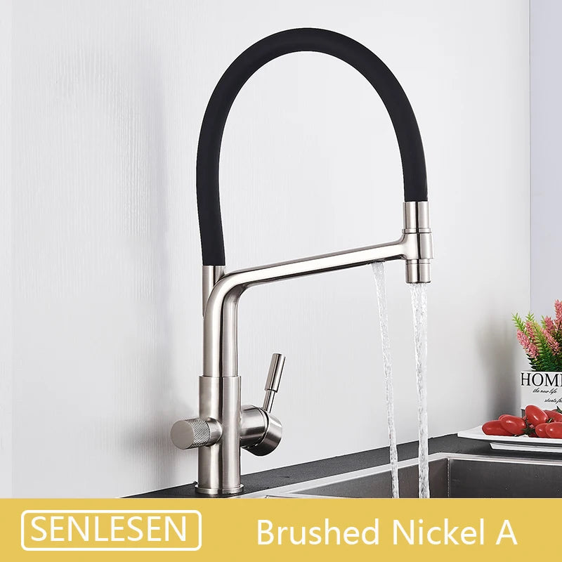 Brushed Golden Kitchen Sink Faucet Pure Water Filter Mixer Crane Dual Handle Pull Down Purification Kitchen Hot Cold Water Tap