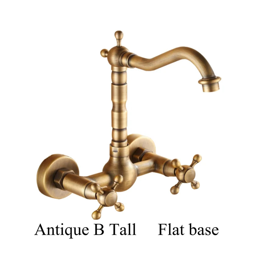 Antique brass ceramic into the wall faucet bathroom washbasin basin wall mount double handle cold and hot water faucet