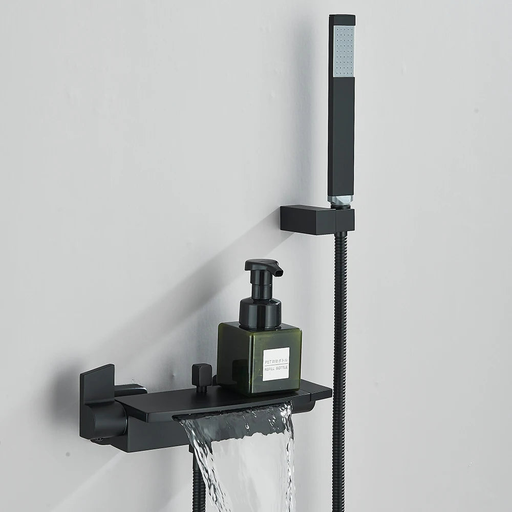 Black Waterfall Bathtub Shower Faucets Wall Mount Shower With Handheld Shower Mixer Tap Faucets Hot Cold Bath Shower Tap