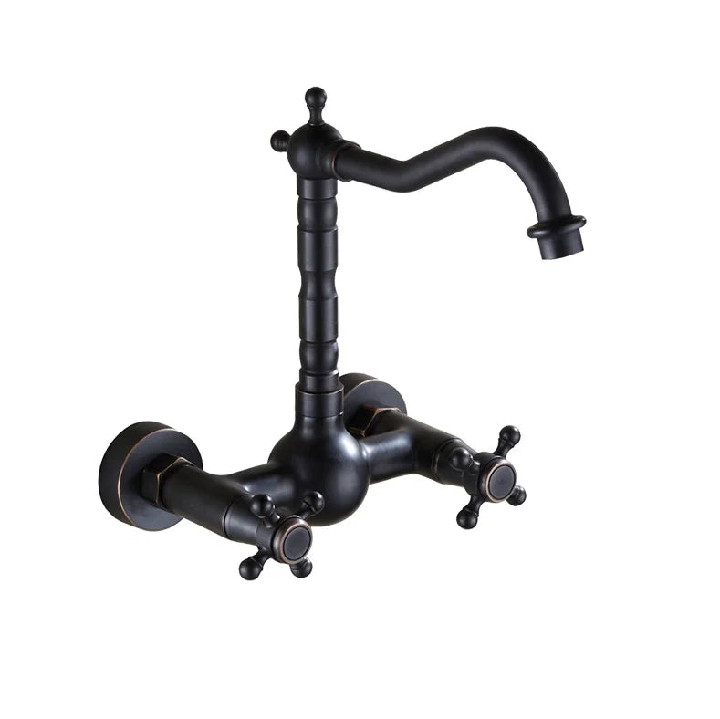 Antique brass ceramic into the wall faucet bathroom washbasin basin wall mount double handle cold and hot water faucet