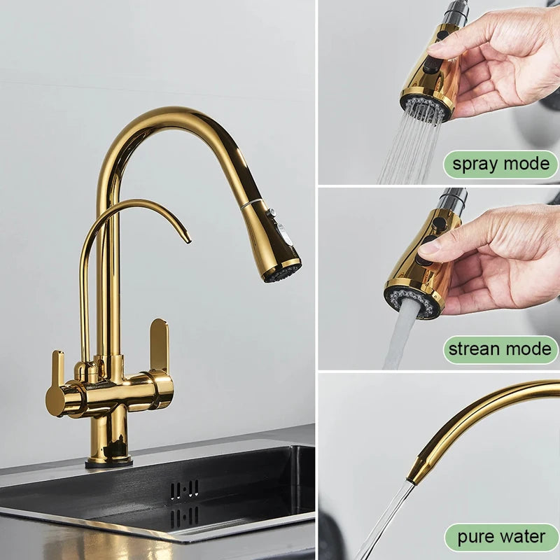 Black Gold Filter Kitchen Faucets Pure Water Rotatable Dual Spout Kitchen Faucet Dual Handles Filtered Mixer Tap For Kitchen