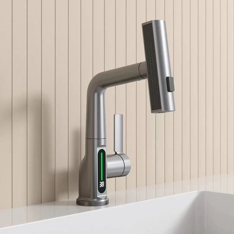 Smart Digital Display Basin Faucet 3 Function Pull Out Waterfall Spout Deck Mount Cold Hot Water Mixer Liftable Sink Crane Tap
