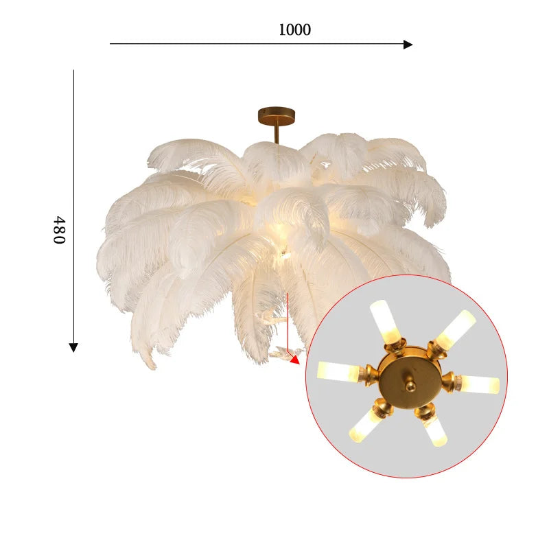 Nordic White Ostrich Feather Pendant Light Modern Led Ceiling Chandelier for Living Dining Room Children's Bedroom Hanghing Lamp
