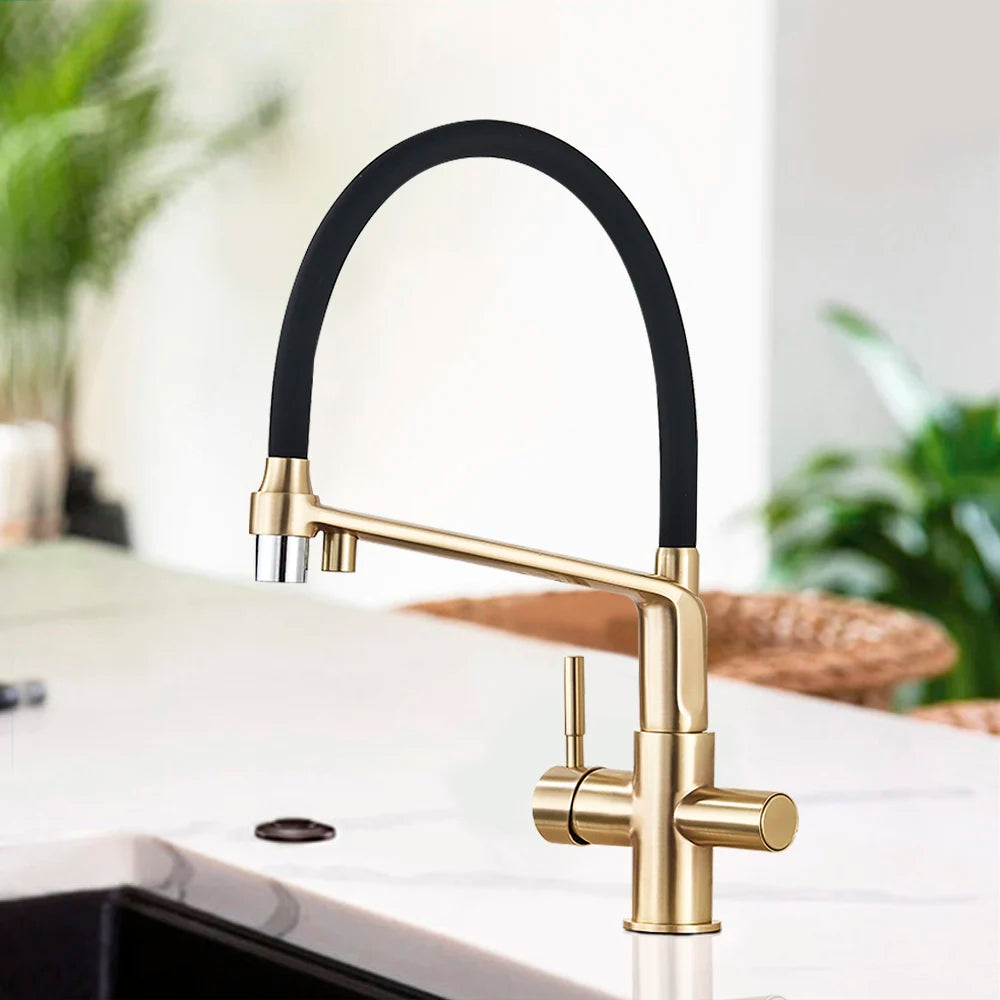 Brushed Golden Kitchen Sink Faucet Pure Water Filter Mixer Crane Dual Handle Pull Down Purification Kitchen Hot Cold Water Tap