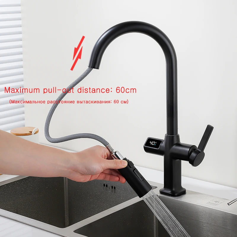 OXG Black Kitchen Faucet Gourmet Faucet Kitchen Pull Out Kitchen Sink Faucet Digital Display Function Rotatable Kitchen Taps