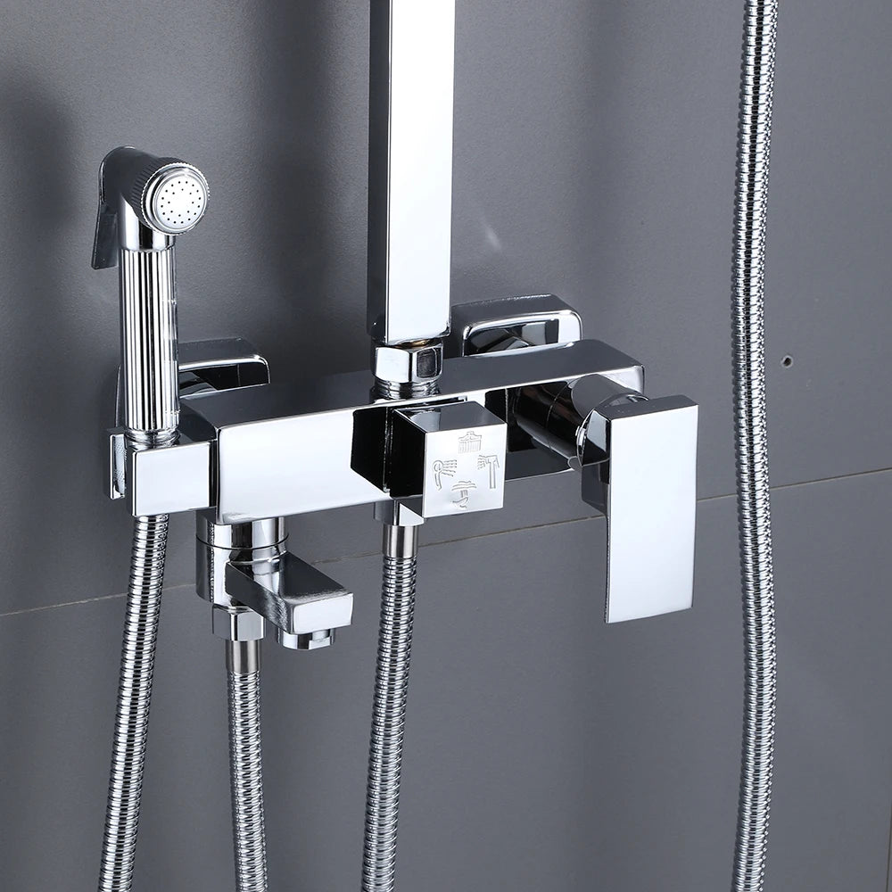 Stainless Steel Shower Faucet Set Rainfall Sliver High Quality All Metal Bathtub Mixer Tap 4-way With Bidet
