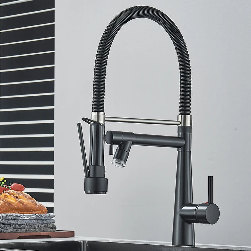 Black Kitchen Faucet LED Light Pull Down Spring Sink Faucets Dual Swivel Spout Kitchen Torneira Hot Mixer Tap