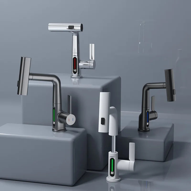 Smart Digital Display Basin Faucet 3 Function Pull Out Waterfall Spout Deck Mount Cold Hot Water Mixer Liftable Sink Crane Tap