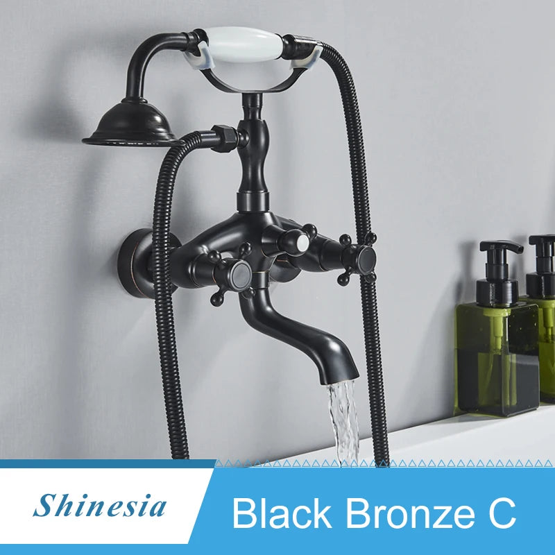 Shinesia Antique Brass Bathtub Shower Faucets Set Wall Mounted Bathroom Faucet With Shower Golden Bath Mixer