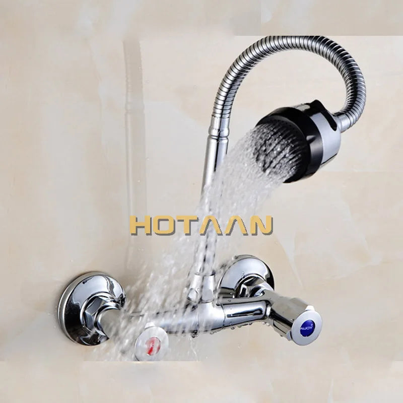 Wall Mounted Kitchen Faucet Hot & Cold Water Mixer Crane Dual Handle Dual Hole Kitchen Sink Tap Copper Chrome Plated YT-6029