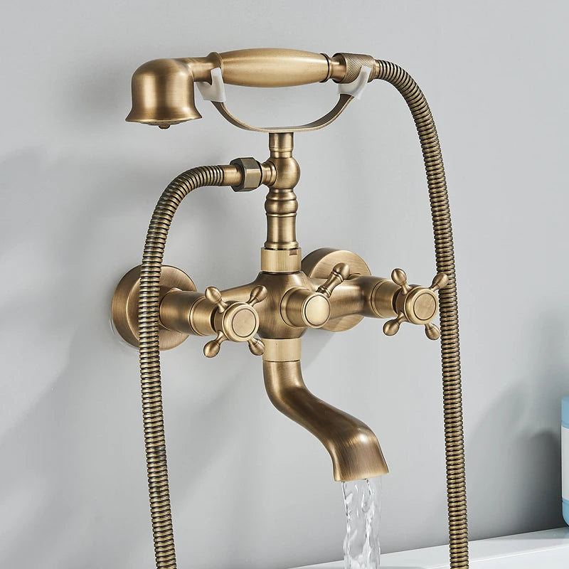 Shinesia Antique Brass Bathtub Shower Faucets Set Wall Mounted Bathroom Faucet With Shower Golden Bath Mixer