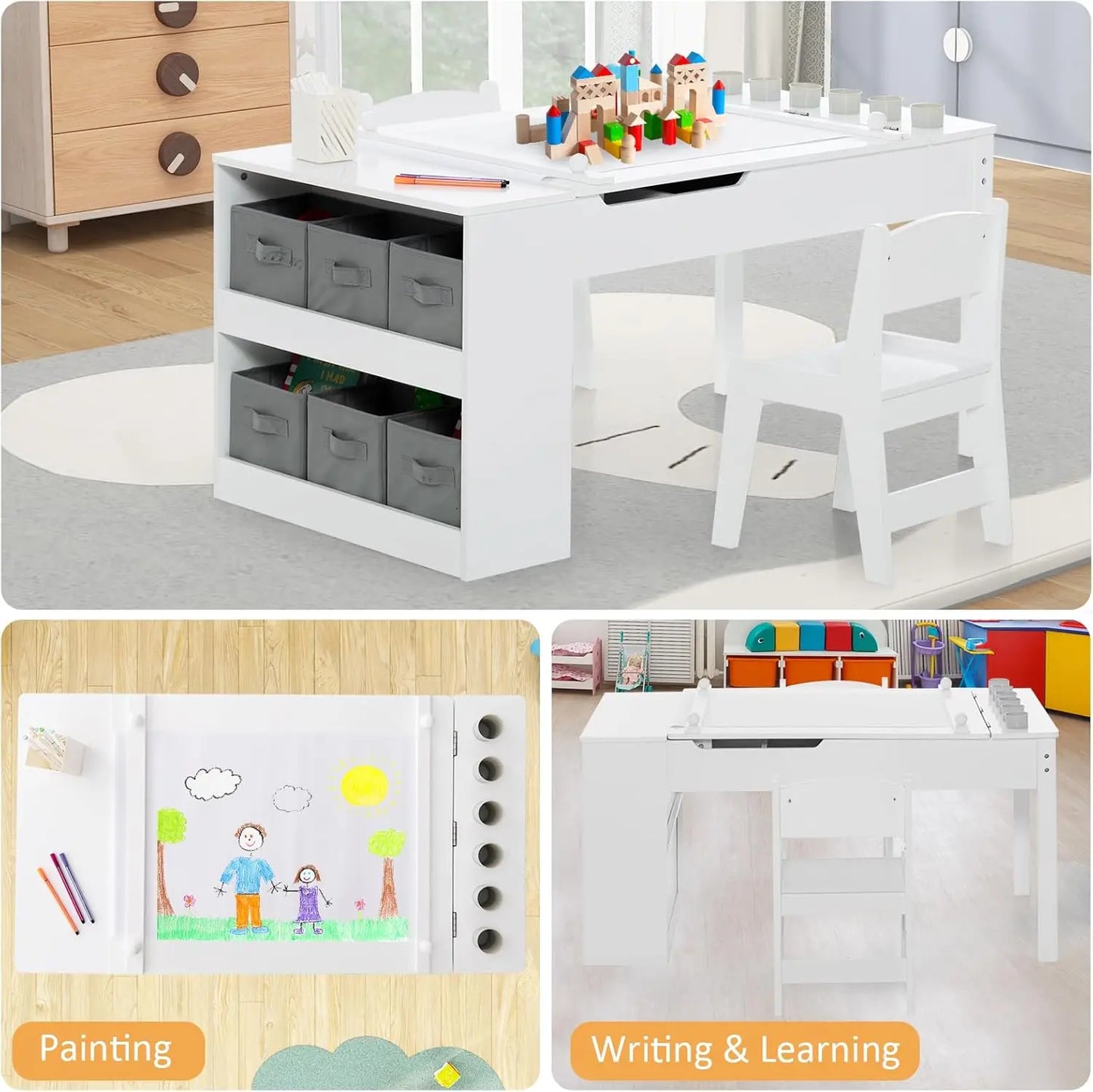 Toddler Craft Play Wood Activity Desk with 2 Chairs Storage