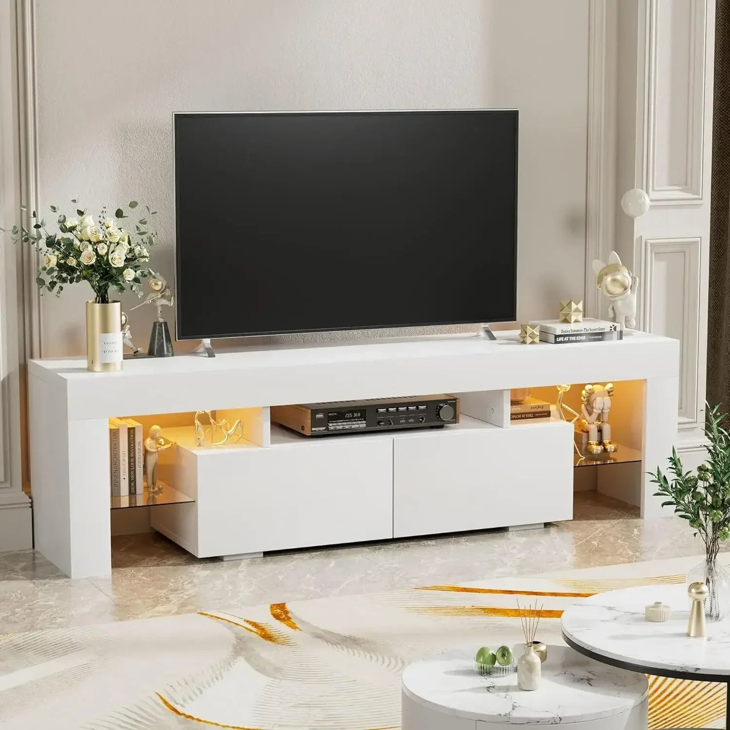 Modern LED TV Stand for Televisions up to 70 Inch with Glass Shelves and Drawer