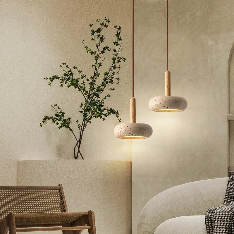 Led Japanese Pendant Lamp Stone Modern Wood Chandelier