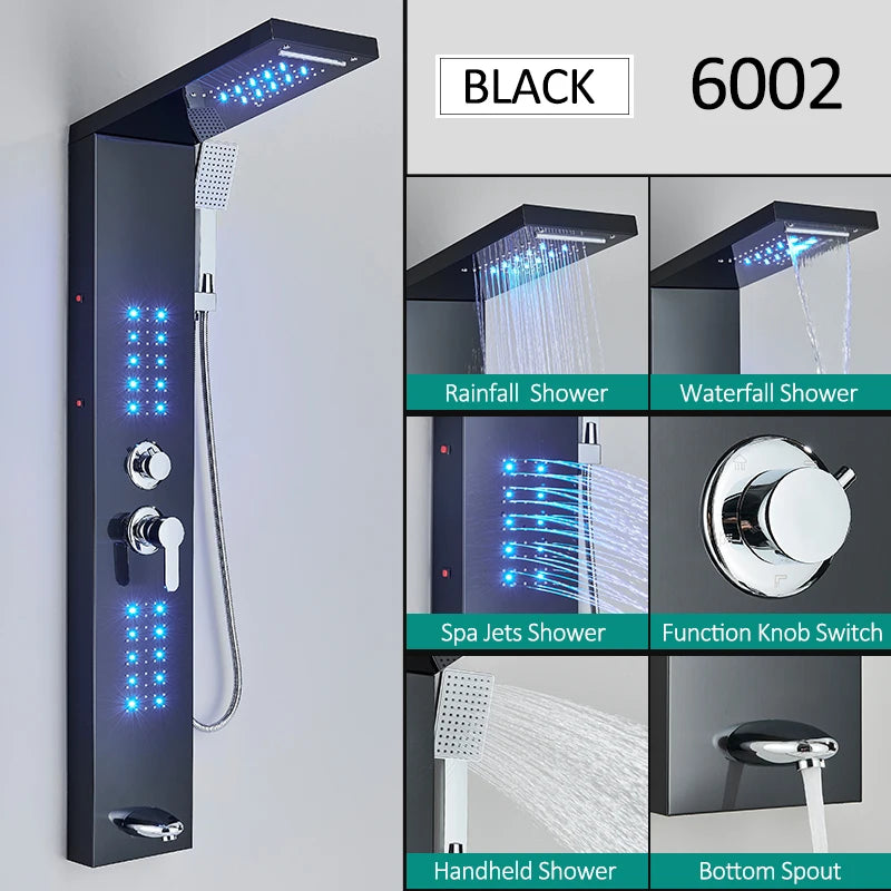 Black LED Shower Panel Tower System Rain Waterfall Shower Column Hydroelectricity Massage Body Spa Bath Shower Faucet Mixer