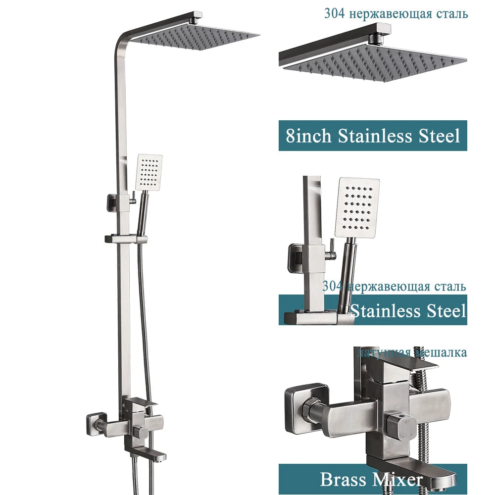 Matte Black Rainfall Shower Faucet Set 8 Inch Showerhead High Pressure Stainless Steel Bathtub Rotate Spout Bath Shower Mixer