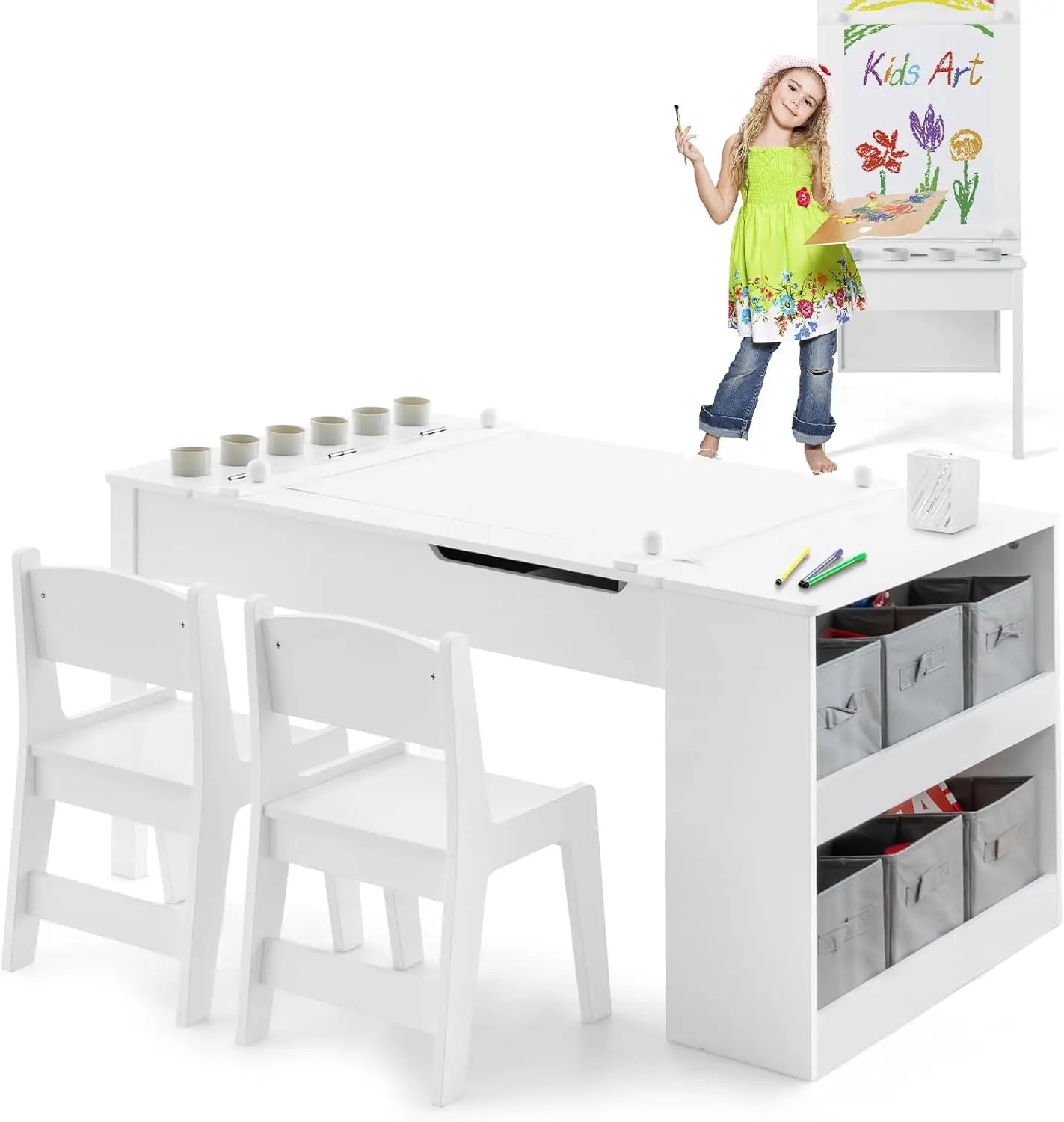 Toddler Craft Play Wood Activity Desk with 2 Chairs Storage