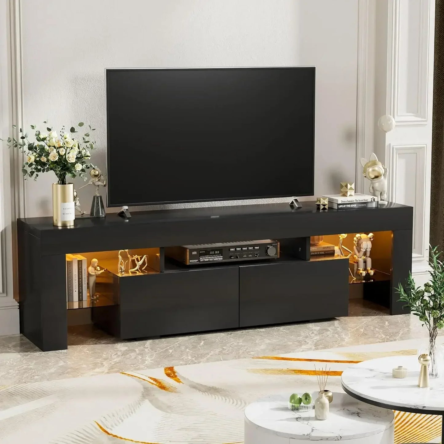 Modern LED TV Stand for Televisions up to 70 Inch with Glass Shelves and Drawer