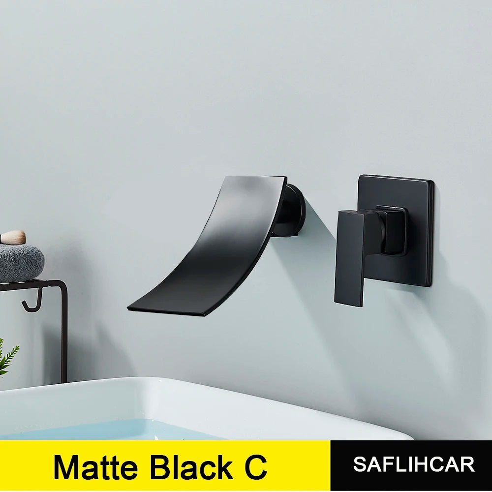 Matte Black Rotate Spout Basin Faucet Wall Mounted Bathroom Hot & Cold Water Mixer Tap Concealed Install Washing Crane Faucets
