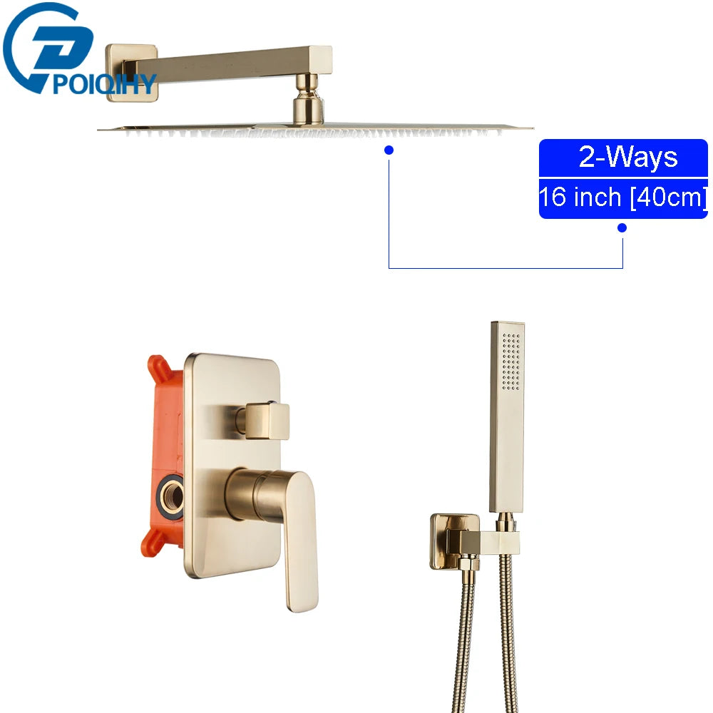 POIQIHY Brushed Golden Shower Faucets Wall Mount Concealed Shower Set Rainfall Bath Shower Mixers 2-3 ways Bathroom Mixer Tap