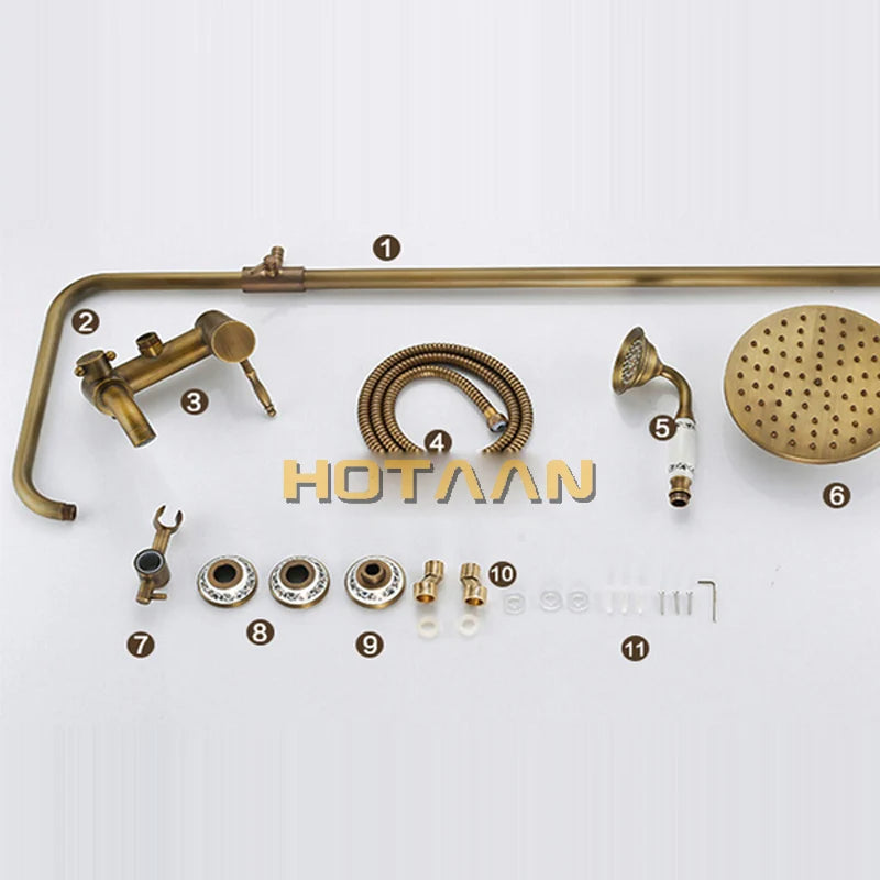 Antique Brass Wall Mounted Mixer Valve Rainfall Shower Faucet Complete Sets + 8" Brass Shower Head + Hand Shower + Hose